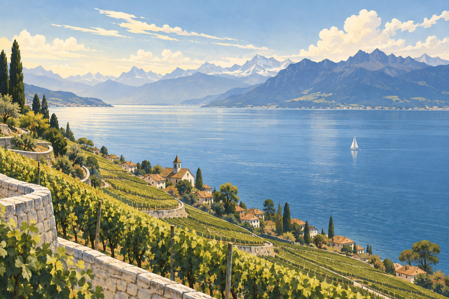 Illustration du Léman, des vignobles de Lavaux et des Alpes